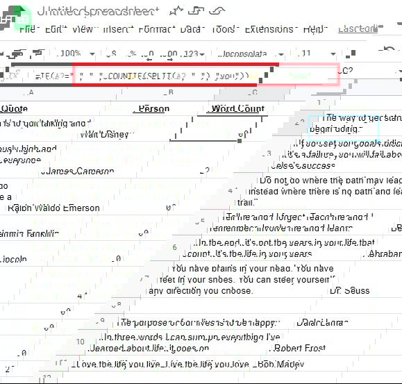 Иллюстрация: подсчёт конкретного слова через COUNTIF и SPLIT