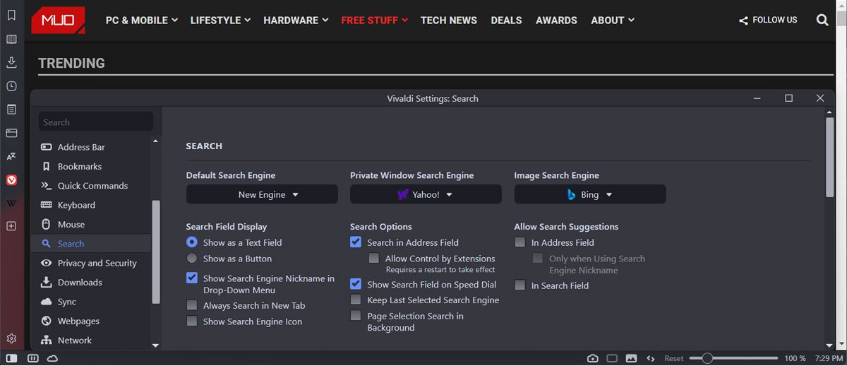 Настройка поисковой системы в Vivaldi