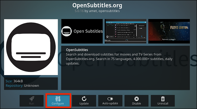 Окно настройки плагина OpenSubtitles в Kodi