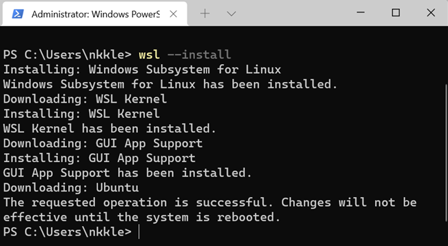 PowerShell: ход установки WSL и загрузка компонентов