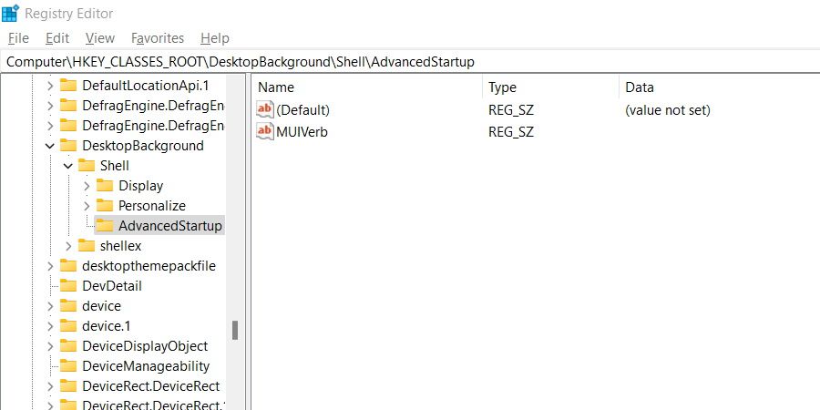 Ключ AdvancedStartup в редакторе реестра Windows