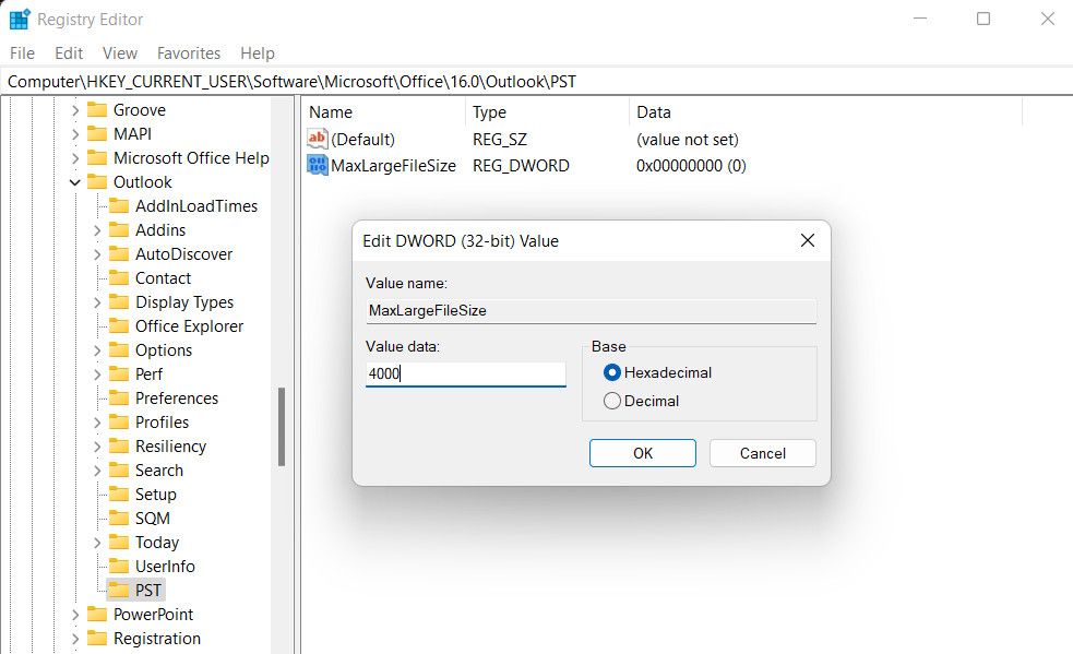 Увеличьте размер PST в реестре