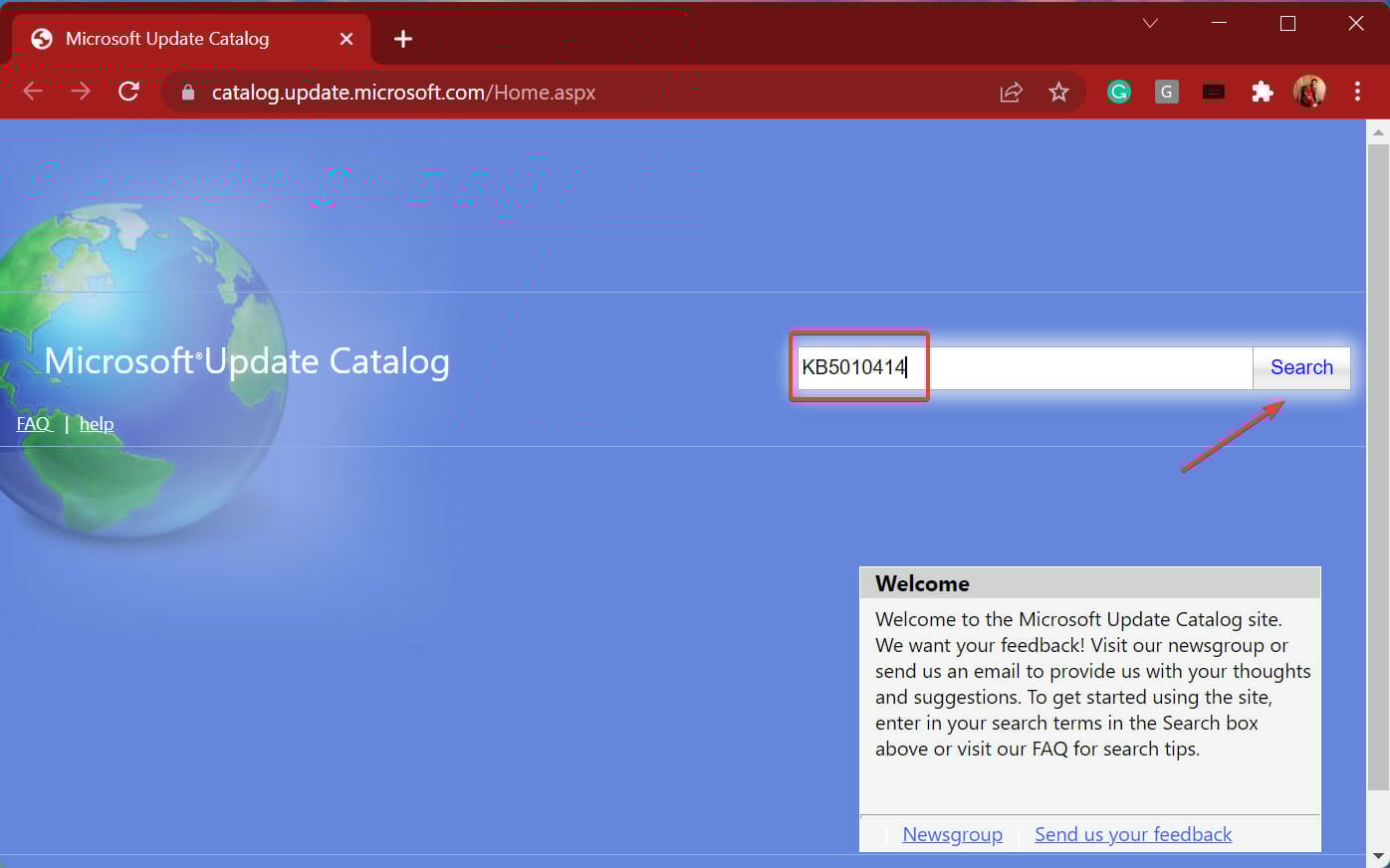 Поиск обновления в каталоге Microsoft