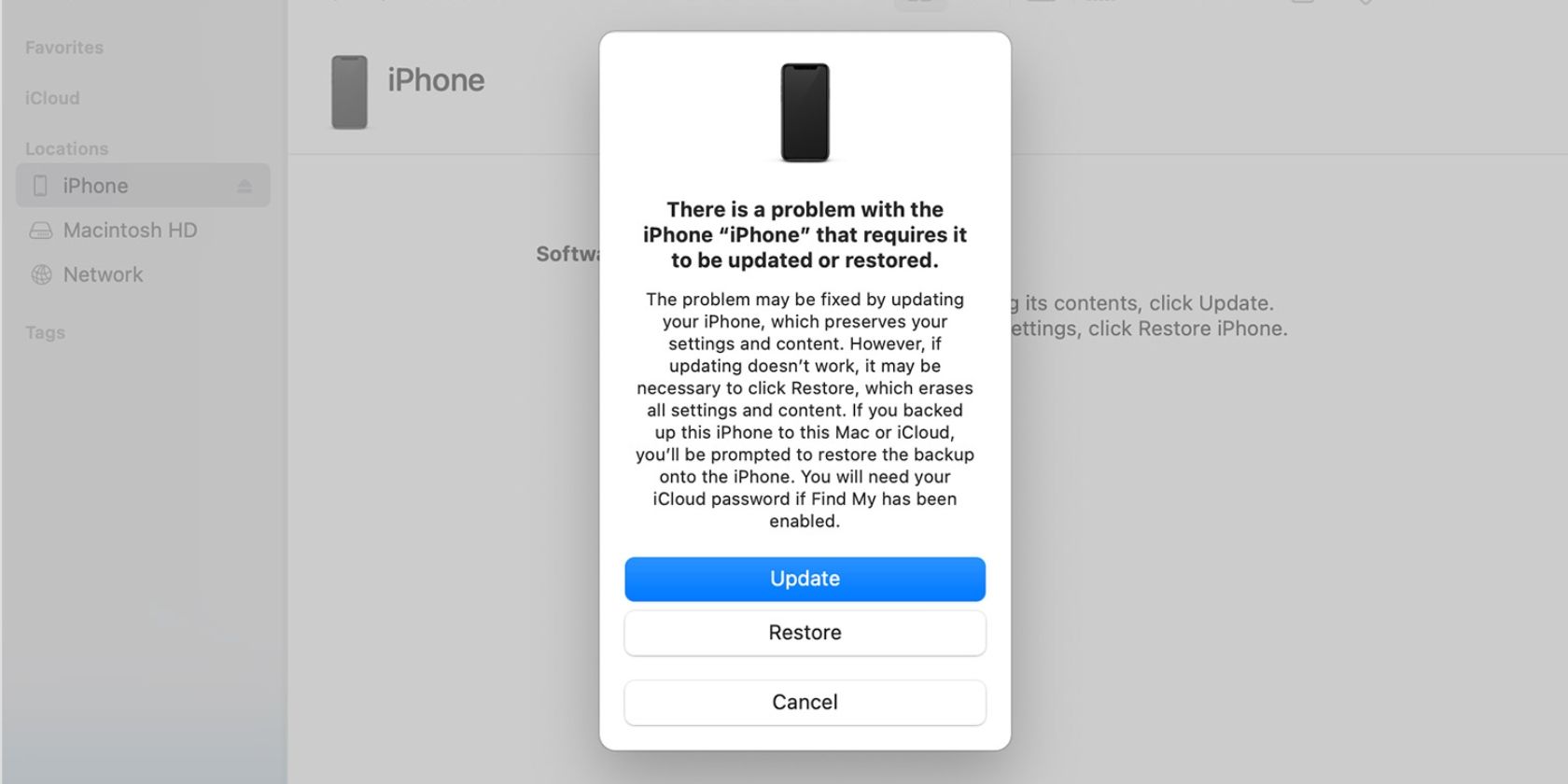 Окно на Mac с уведомлением об обнаруженном iPhone в режиме восстановления