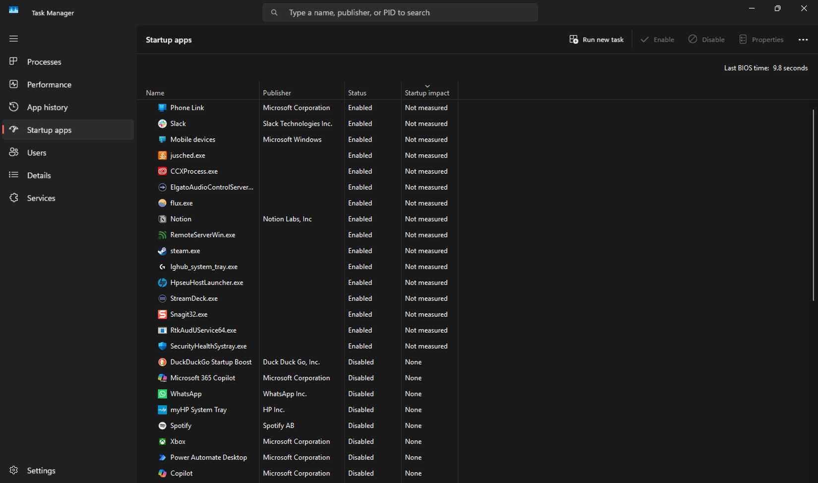 Вкладка автозагрузки в Диспетчере задач с включёнными и отключёнными приложениями