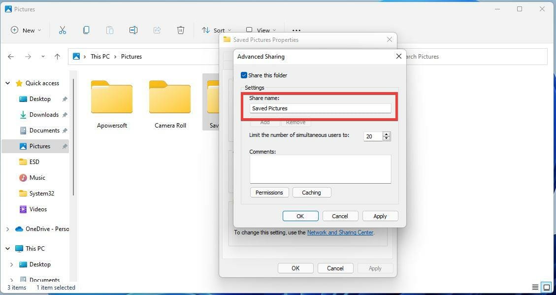 Поле Share name для указания сетевого имени папки
