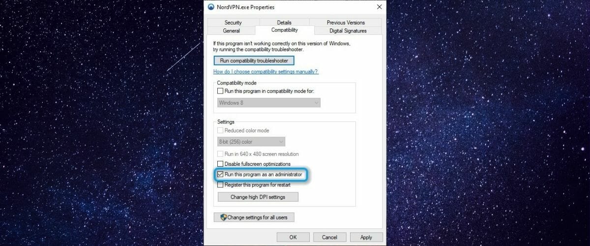 Окно совместимости с опцией запуска от администратора