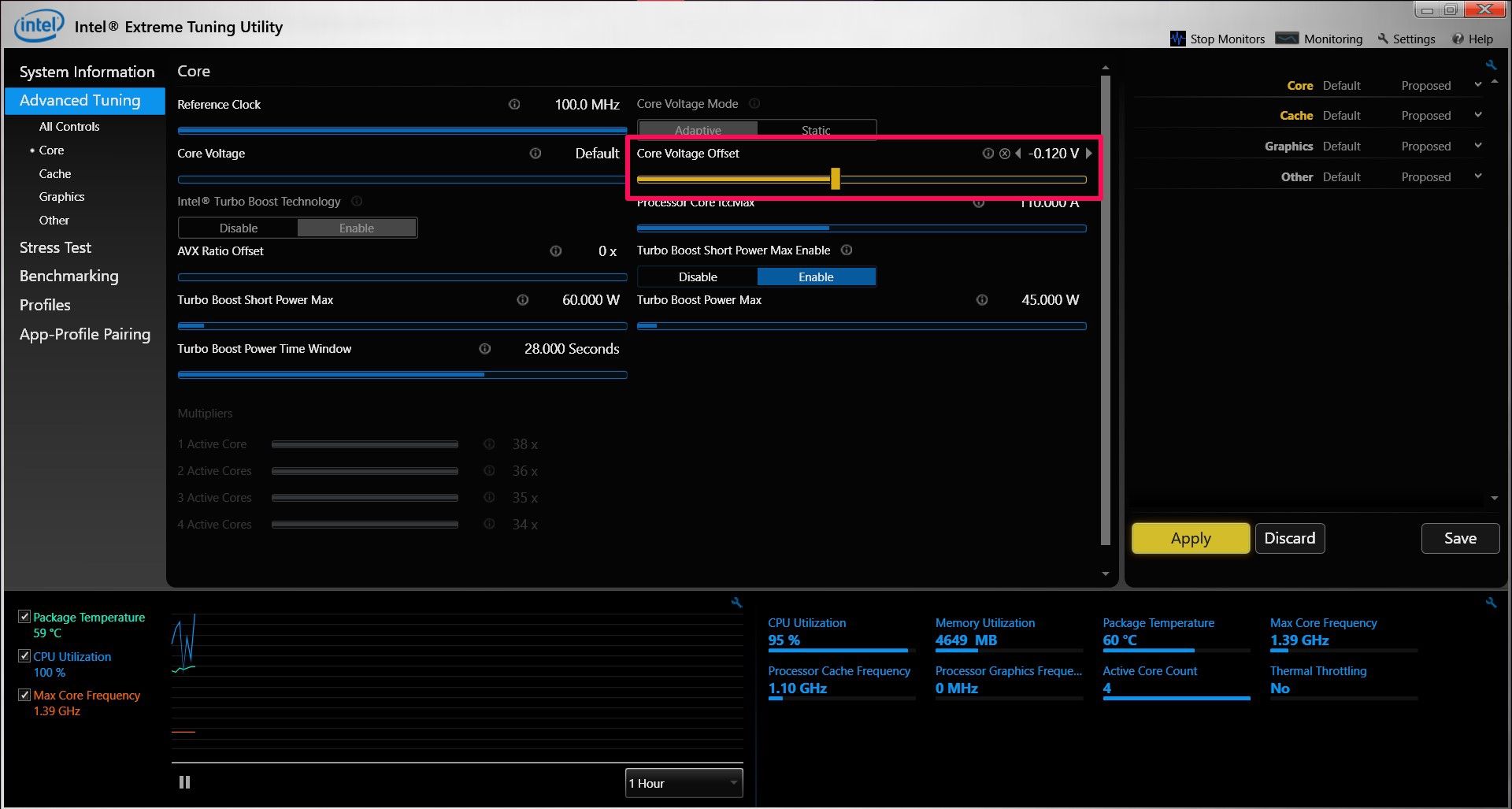 Настройка понижения напряжения в Intel XTU на ноутбуке