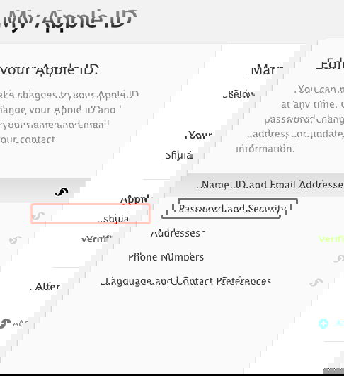 Раздел пароль и безопасность в учётной записи Apple