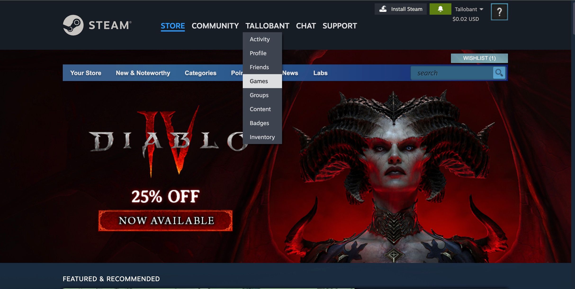 Меню пользователя на сайте Steam: пункт «Игры» выделен