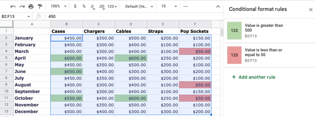Два правила условного форматирования на листе