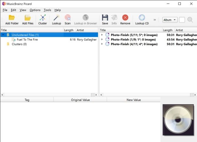 Интерфейс MusicBrainz Picard: два окна для метаданных