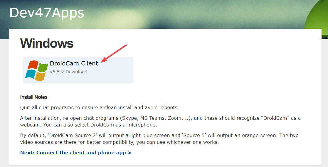 Сайт разработчика DroidCam с клиентом для Windows