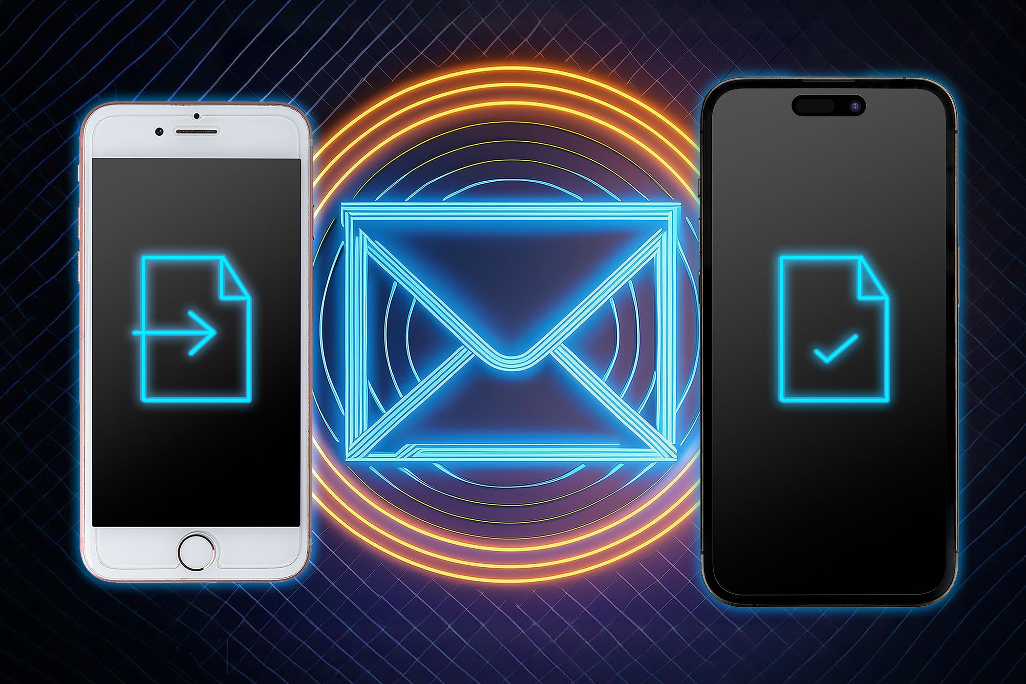 Два iPhone с ярким неоновым значком конверта между ними