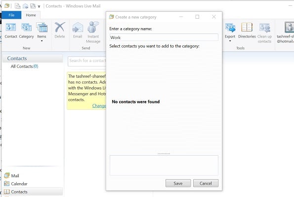 Окно создания категории контактов в Windows Live Mail