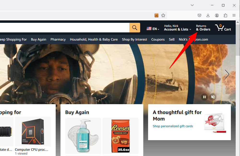 Нажмите 'Returns and Orders' в правом верхнем углу.