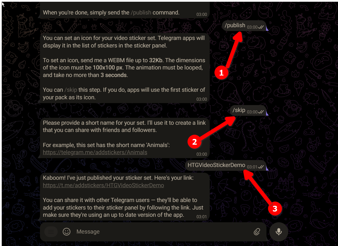 Шаги создания видеопака стикеров в Telegram.