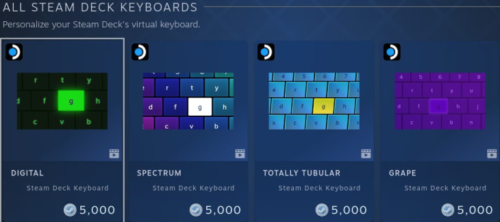 Steam Deck keyboard themes points shop showing different keyboard themes