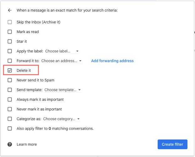 Опция Удалить отмечена на экране создания фильтра