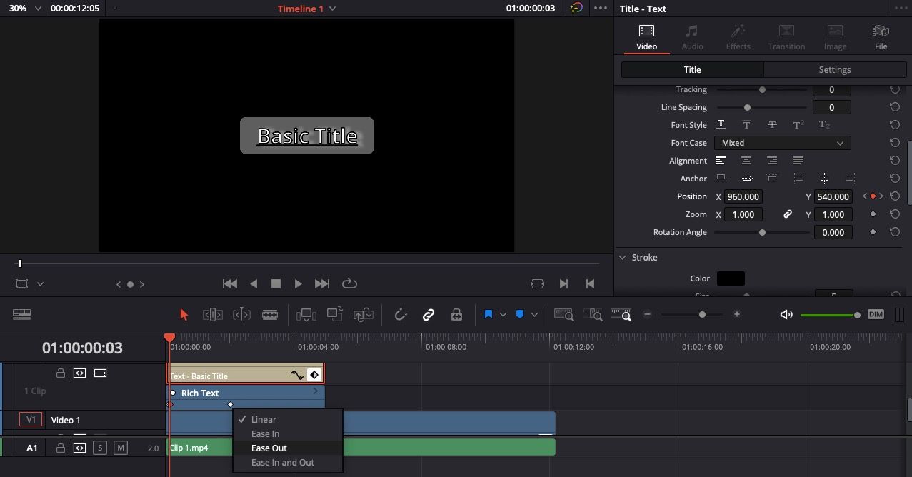 панель Keyframes в DaVinci Resolve 18 с алмазными иконками