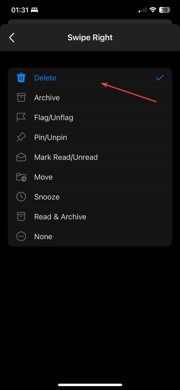 Параметр свайпа: выбрать «Удалить»