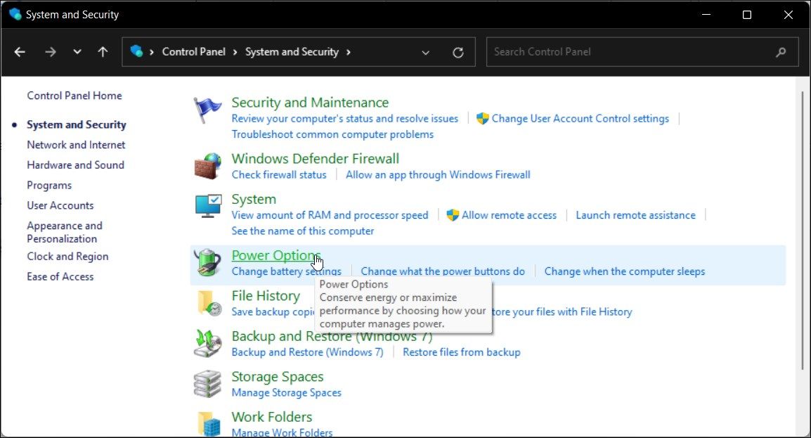 control panel power options windows