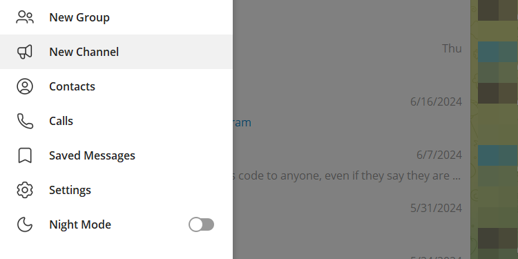 Меню Telegram на рабочем столе