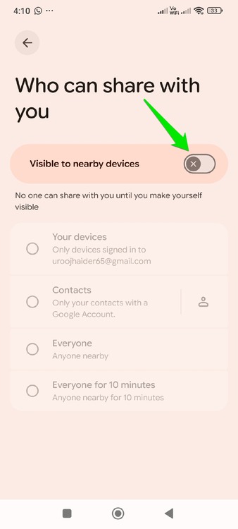 Отключение видимости в Quick Share
