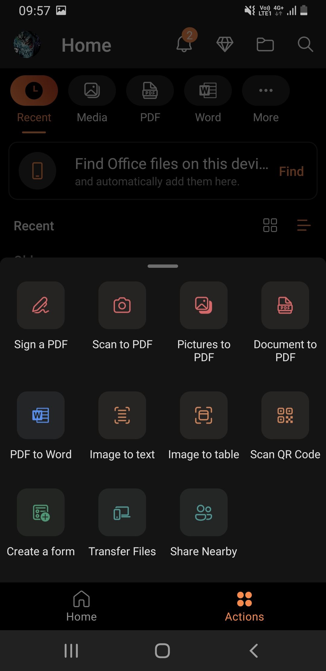 Меню приложения Microsoft Office на телефоне