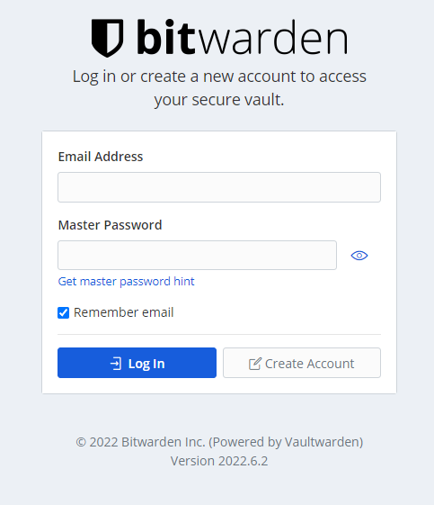 Страница входа Vaultwarden