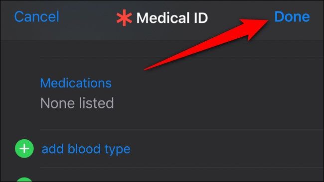 Кнопка Готово в Medical ID