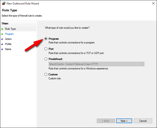 Выбор типа правила — программа