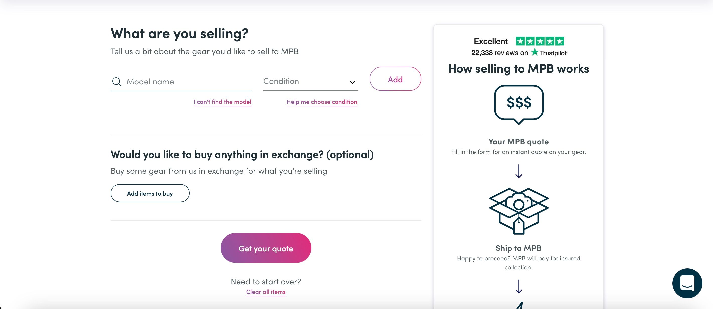 Скриншот процесса продажи оборудования на MPB