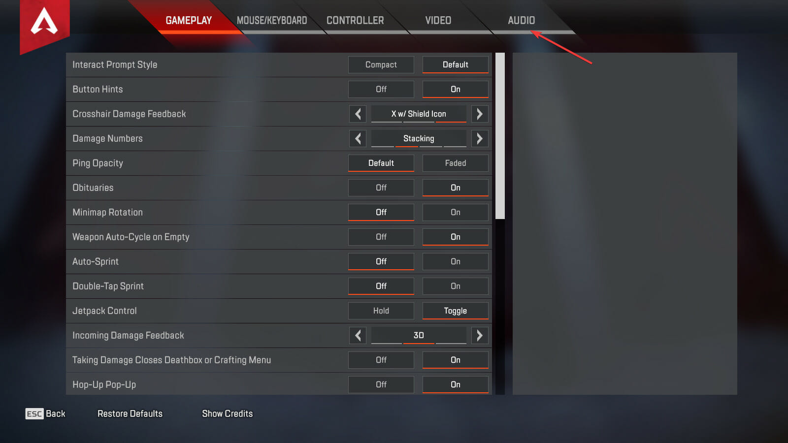 Вкладка Аудио в настройках Apex Legends