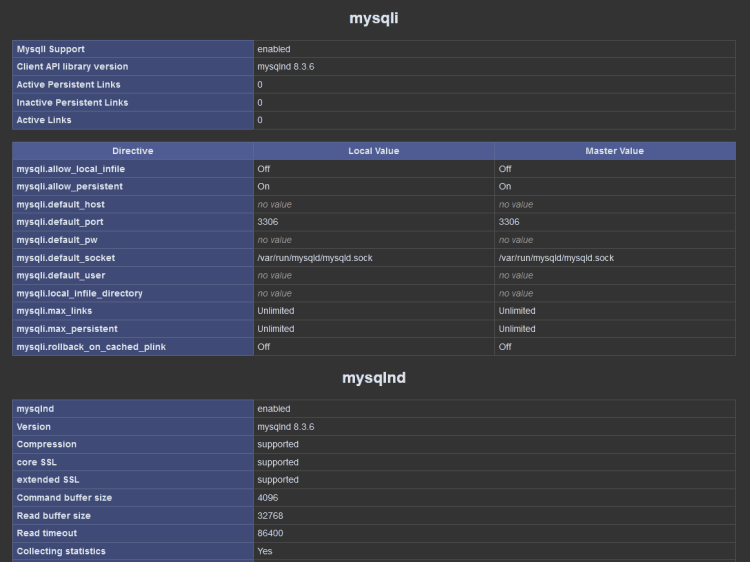 Раздел с модулем mysqli в phpinfo