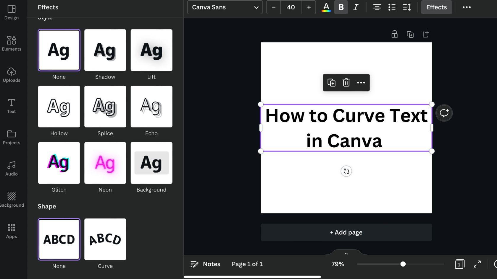 Выбор «Эффекты» в верхнем меню Canva