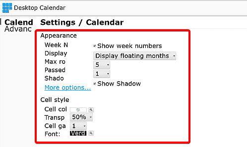 Настройки прозрачности и цвета в DesktopCal