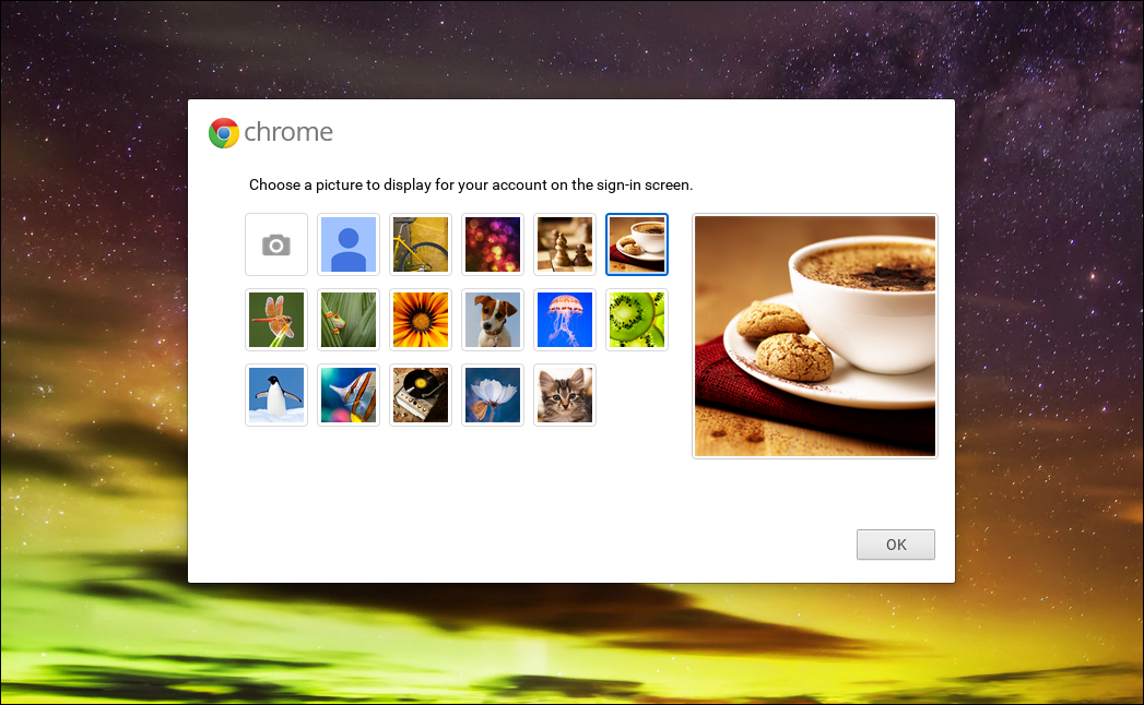 Выбор изображения профиля на Chromebook