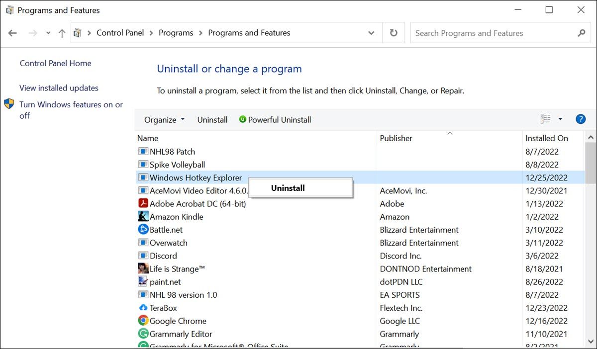 Окно деинсталляции программ в Windows