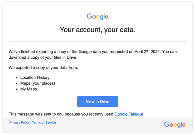 Письмо о готовности экспорта с ссылкой на Google Drive