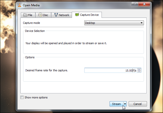 Вкладка: режим захвата — Рабочий стол и выбор FPS
