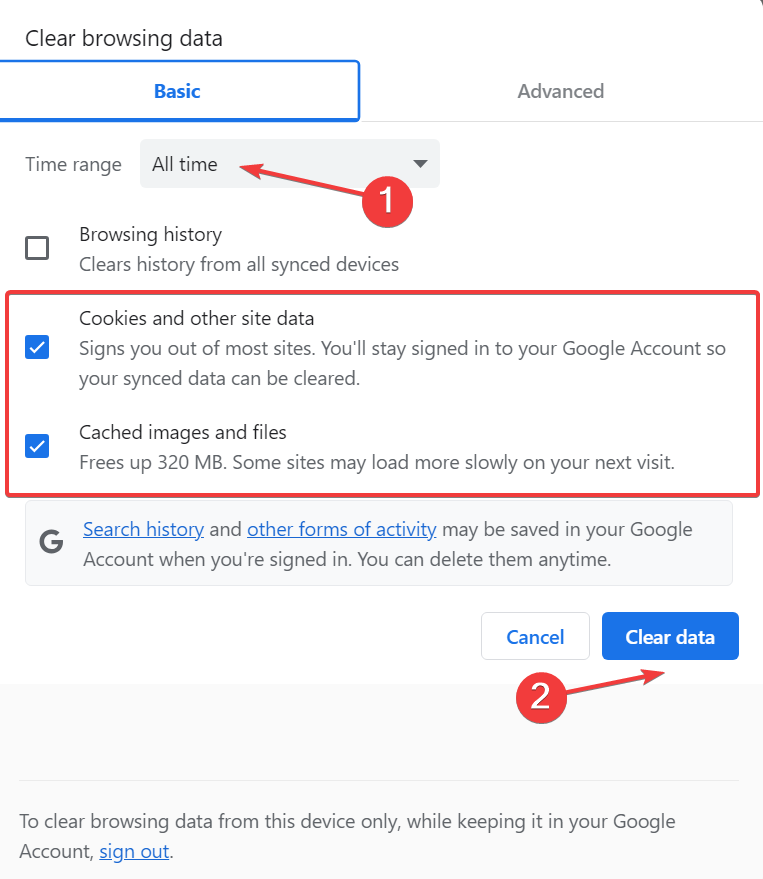 Окно очистки данных браузера — параметры для Character AI