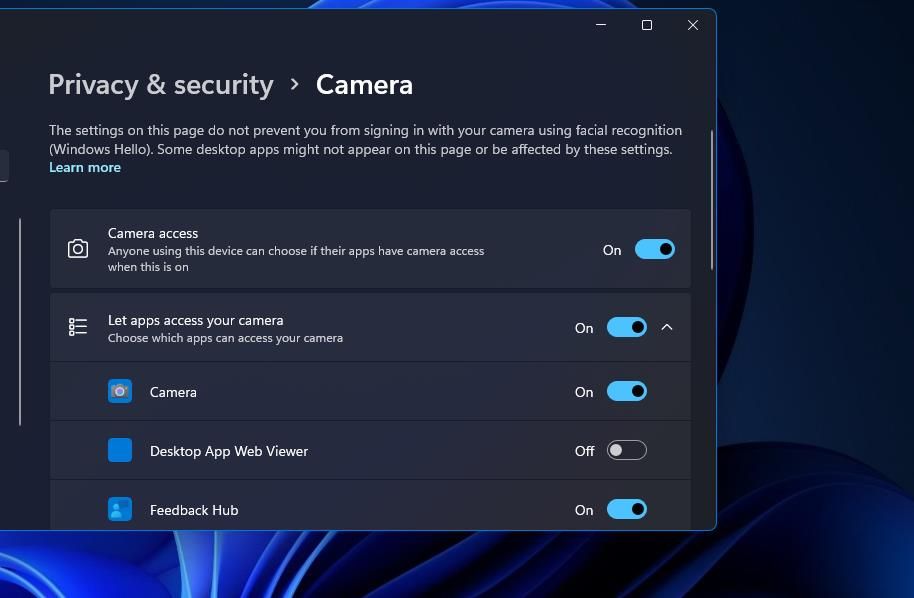 Параметр разрешения доступа к камере в Windows