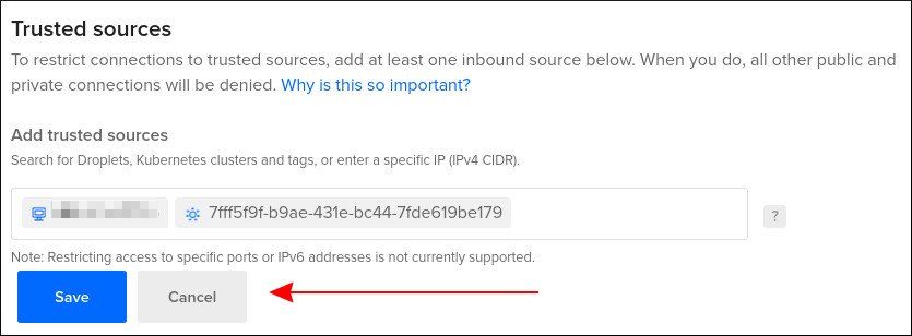 Screenshot of setting up trusted sources for DigitalOcean MySQL managed databases