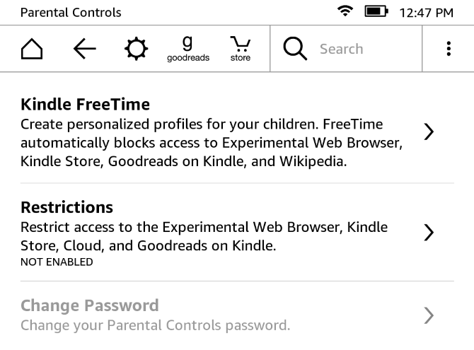 Раздел родительского контроля на Kindle Paperwhite