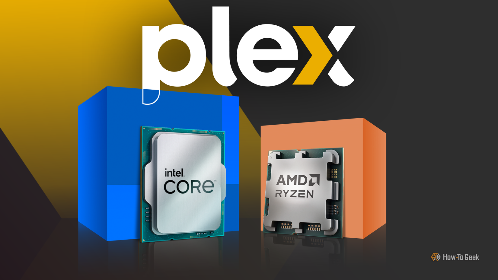 An Intel Core chip beside an AMD Ryzen chip beneath the Plex logo on a dark gradient background.