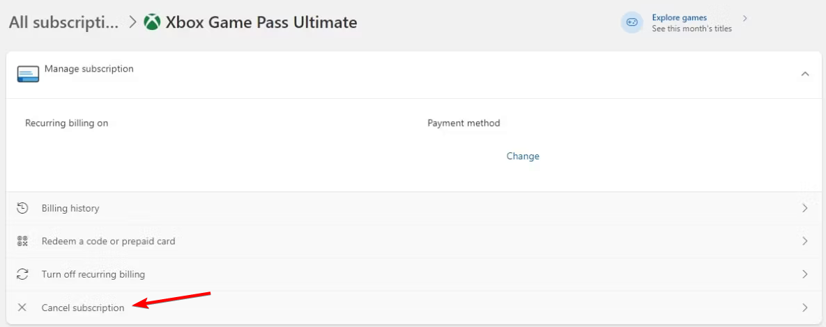 Изображение: пункт Отменить подписку в меню управления подпиской