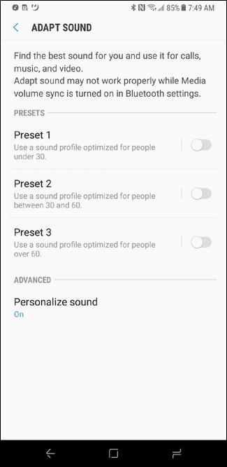 Скрин с тремя пресетами Adapt Sound по возрасту
