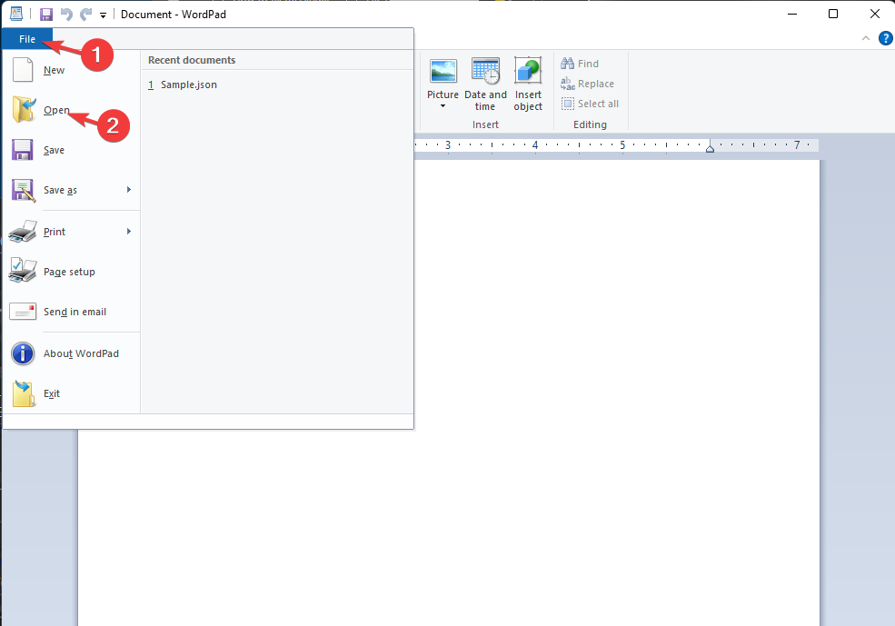 Меню Файл → Открыть в WordPad