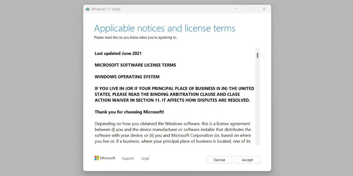 Условия лицензии установки Windows 11